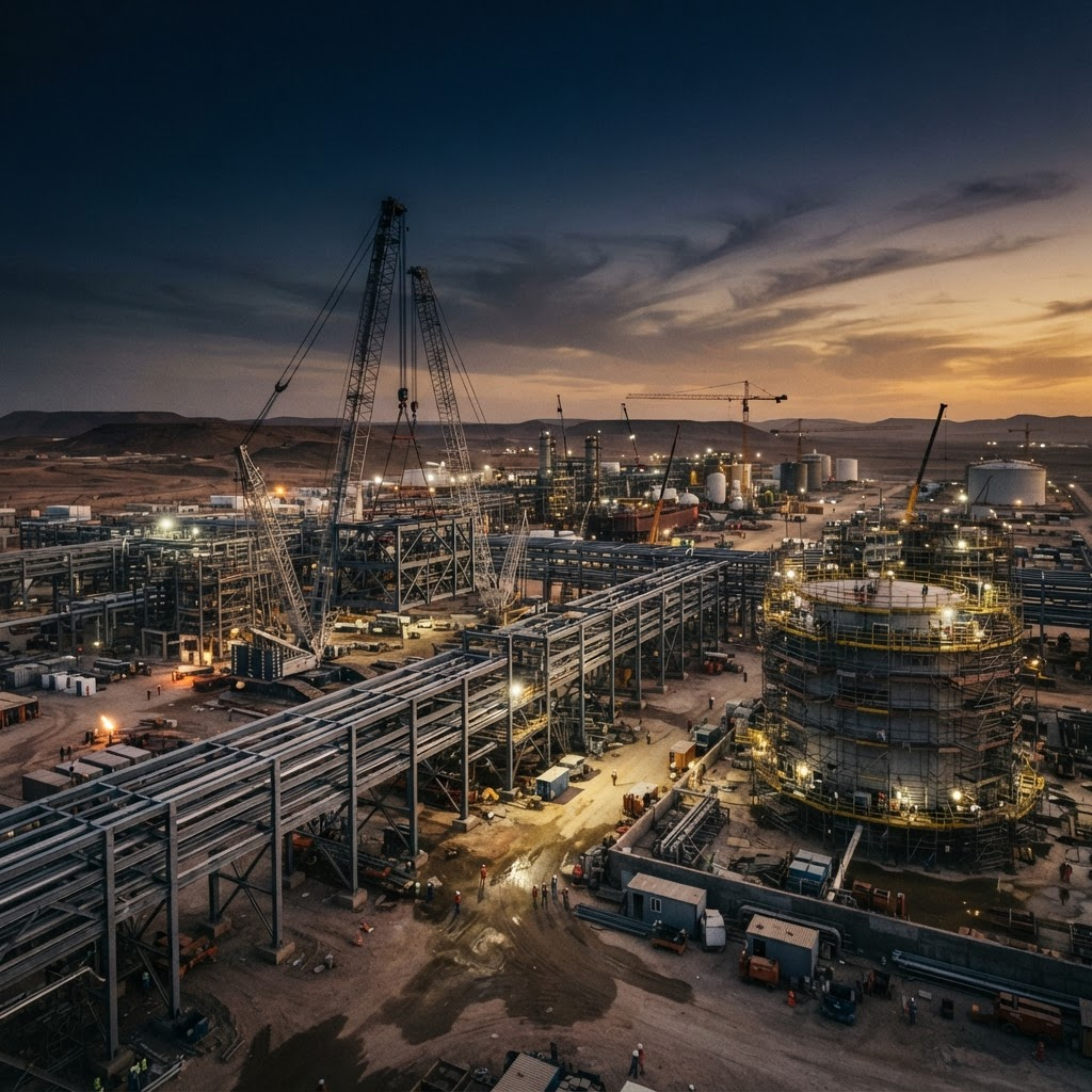 Industrial construction site with cranes and tank under construction