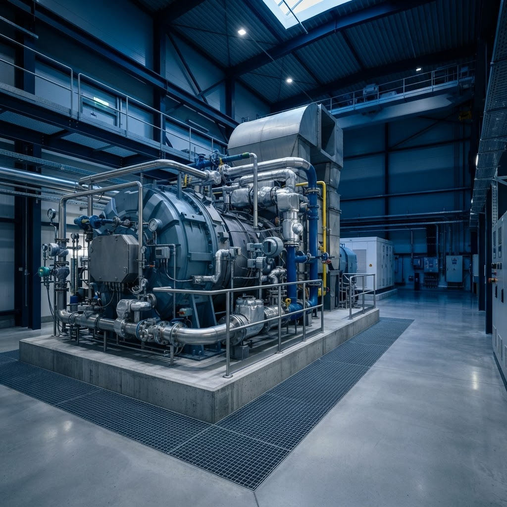 Industrial gas turbine in a power generation hall