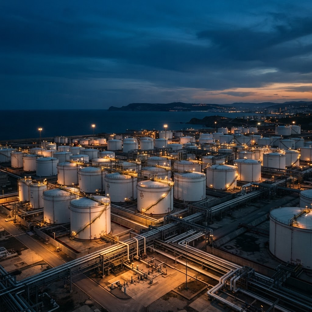 Petroleum storage terminal at dusk