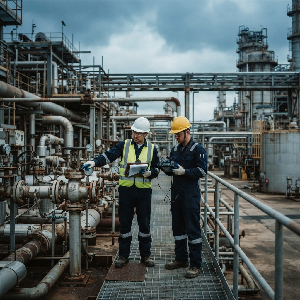 Inspection engineers examining piping at a facility