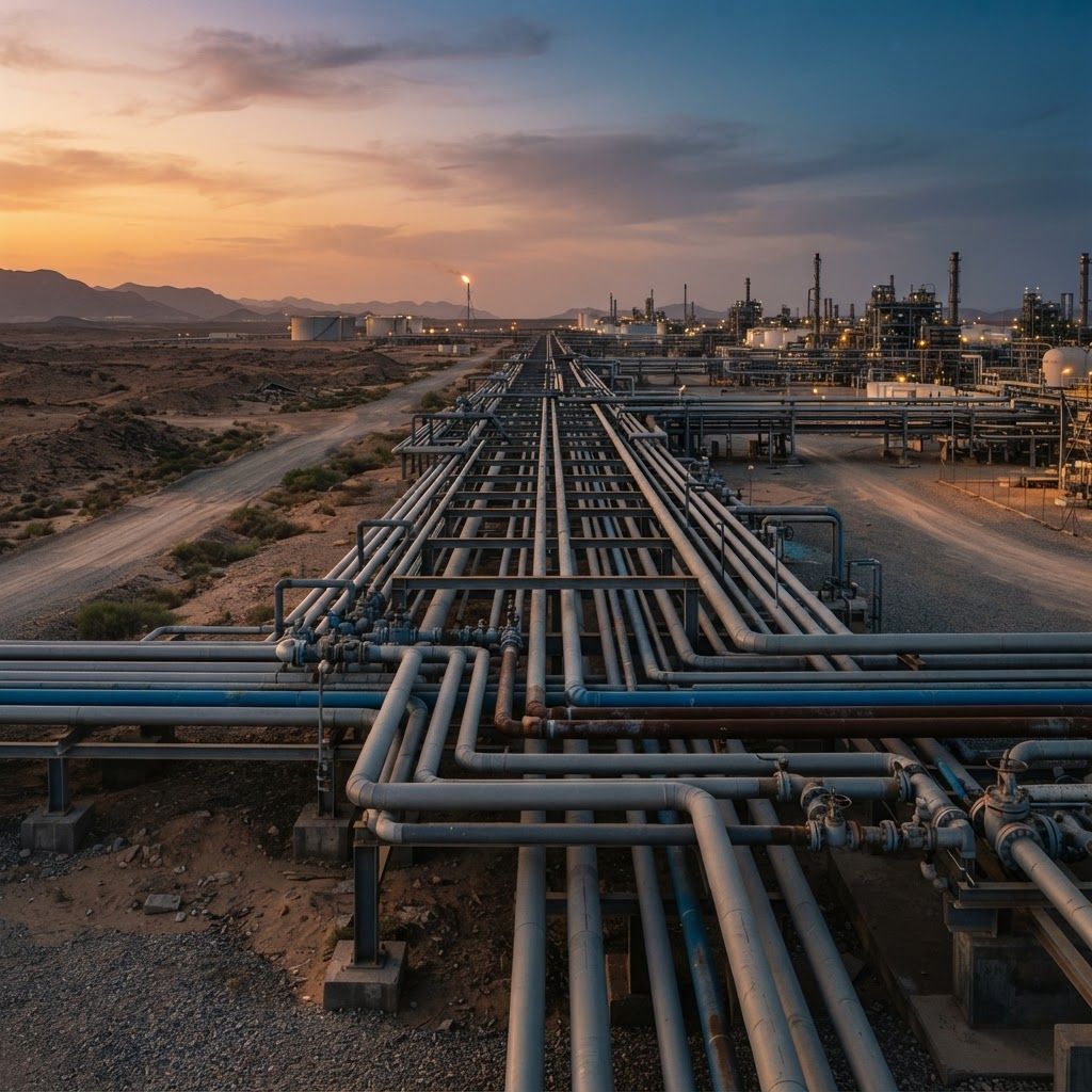 Industrial pipelines running toward the horizon at a petroleum facility