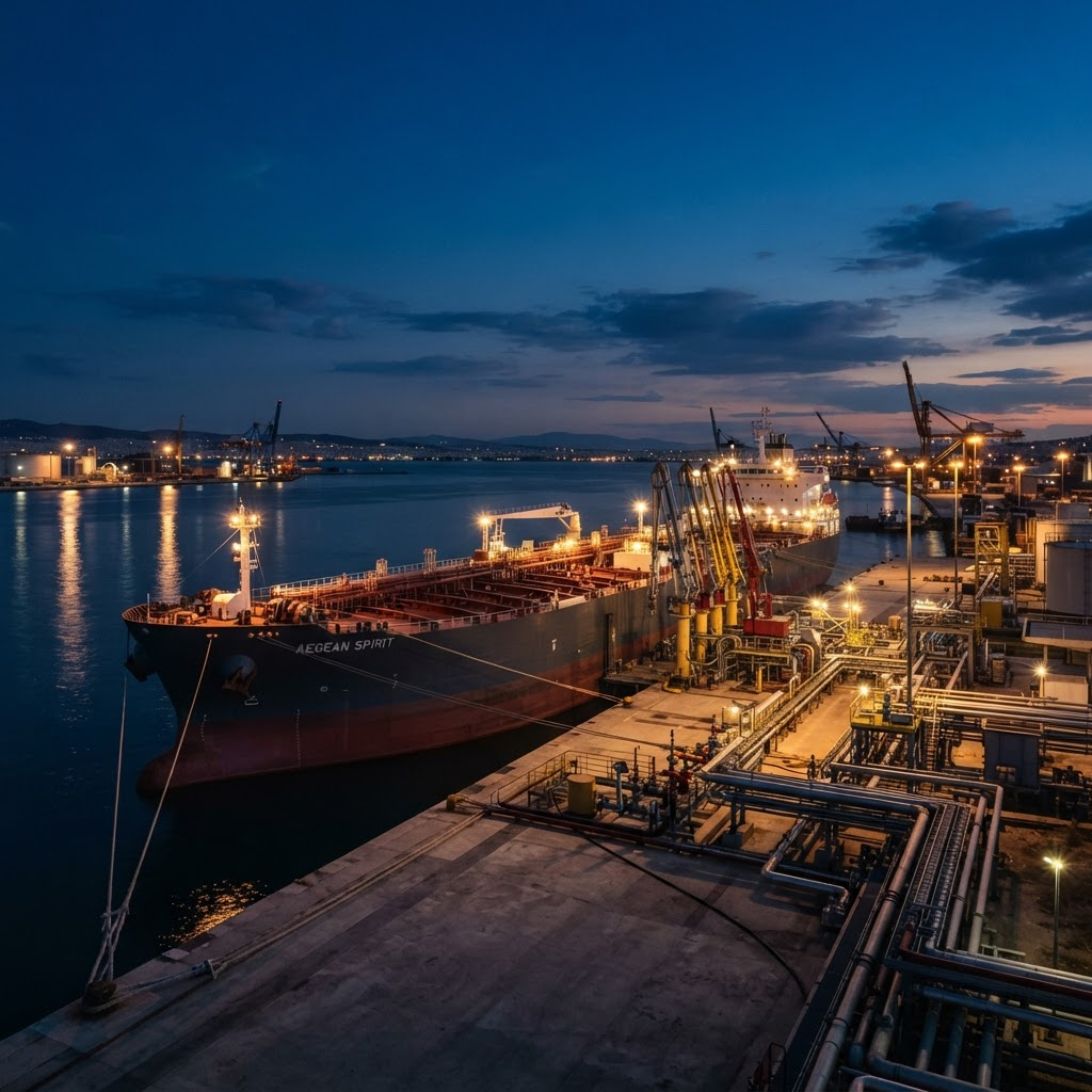 Product tanker moored at a port terminal at blue hour