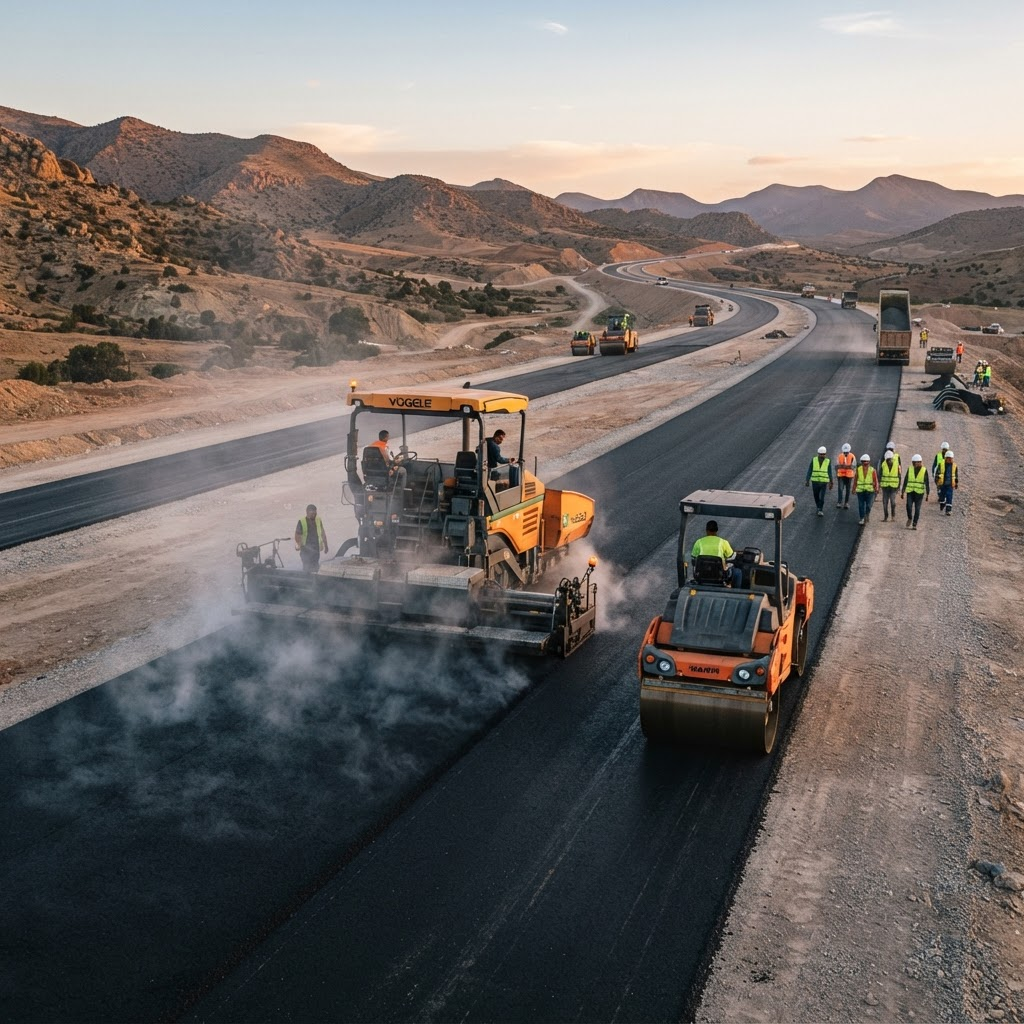 Asphalt paving machine laying fresh asphalt on a highway