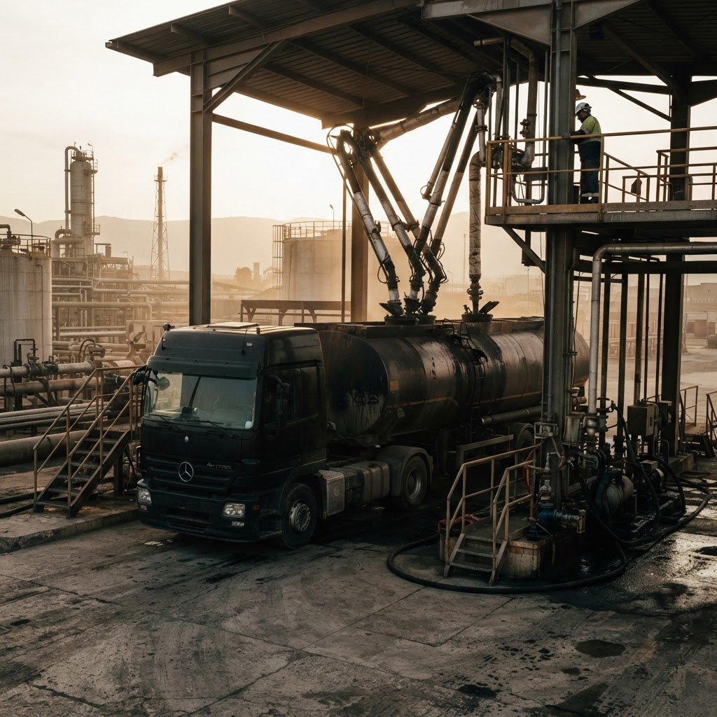 Road tanker at an industrial loading rack
