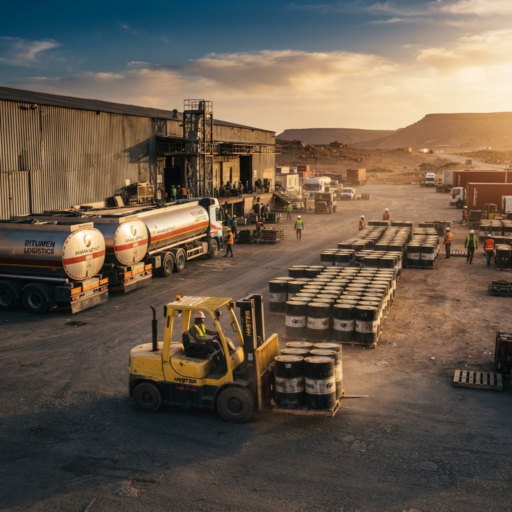 Industrial logistics yard with warehouse and road tankers