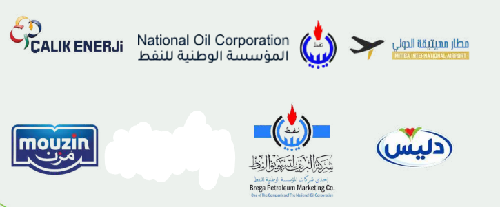 Selected client and institutional logos including Calik Enerji, National Oil Corporation, Mitiga International Airport and Brega Petroleum Marketing